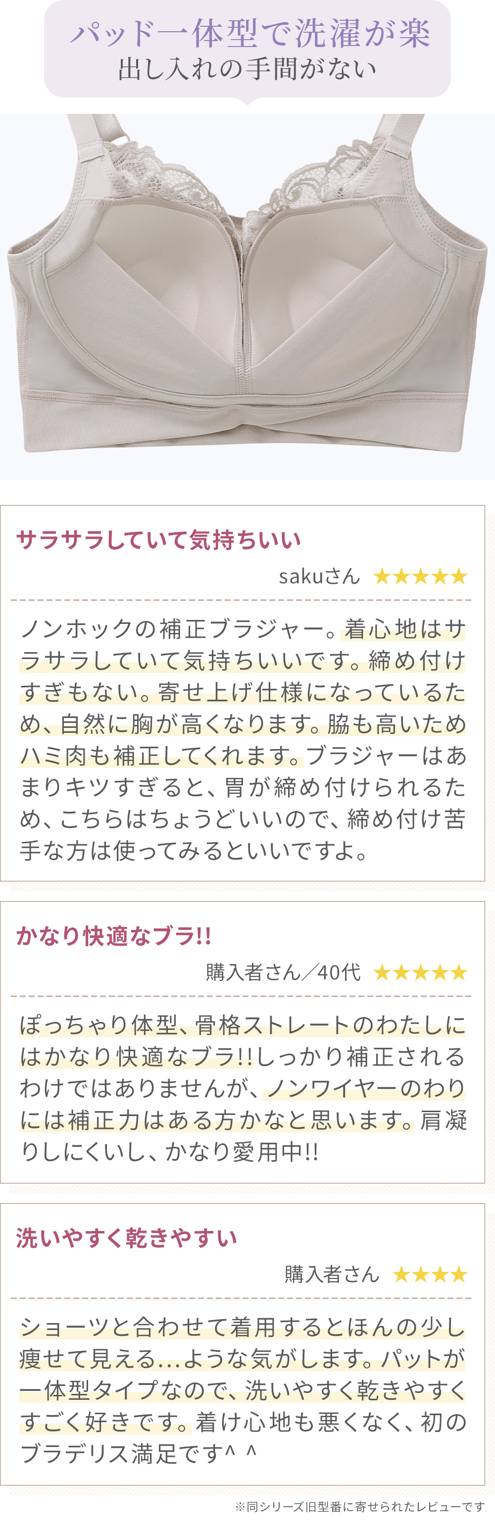 パッド一体型で洗濯が楽。お客様の声