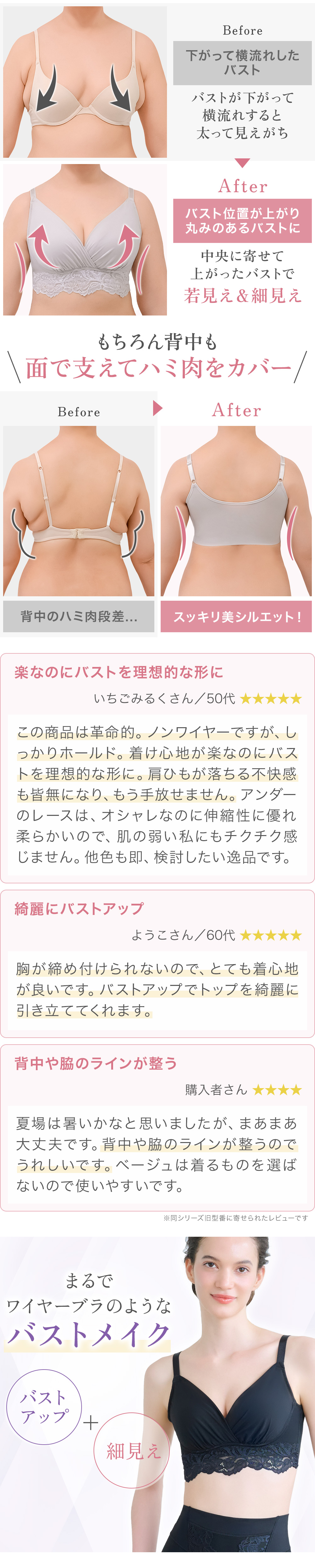 ビフォーアフター。お客様の声。まるでワイヤーブラのようなバストメイク