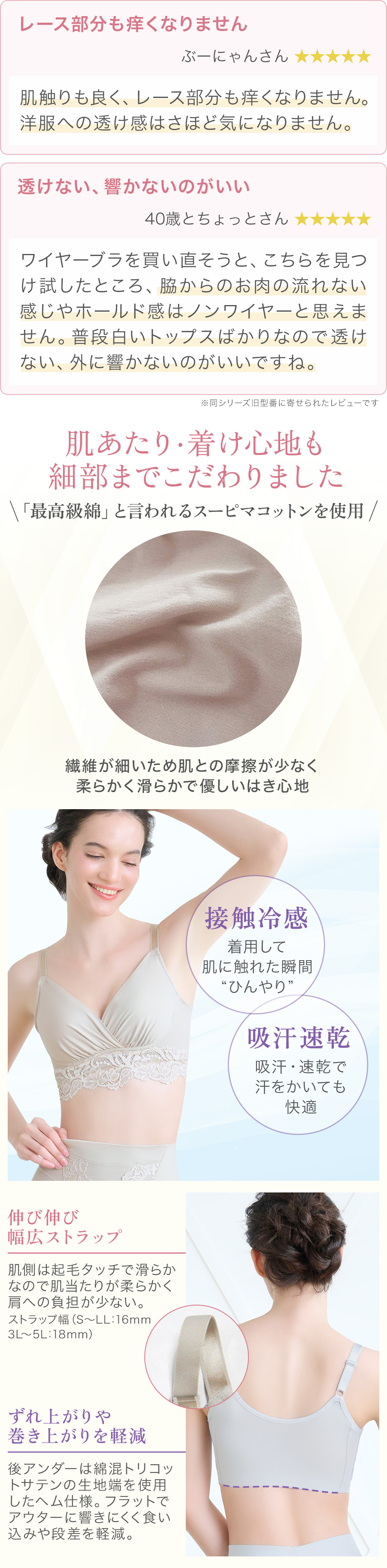 お客様の声。細部にまでこだわった肌あたり・着け心地。商品詳細