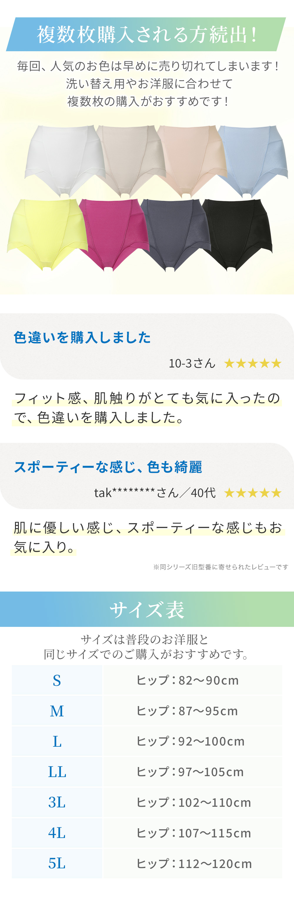 複数まとめ買いがおすすめ。お客様の声。サイズ表