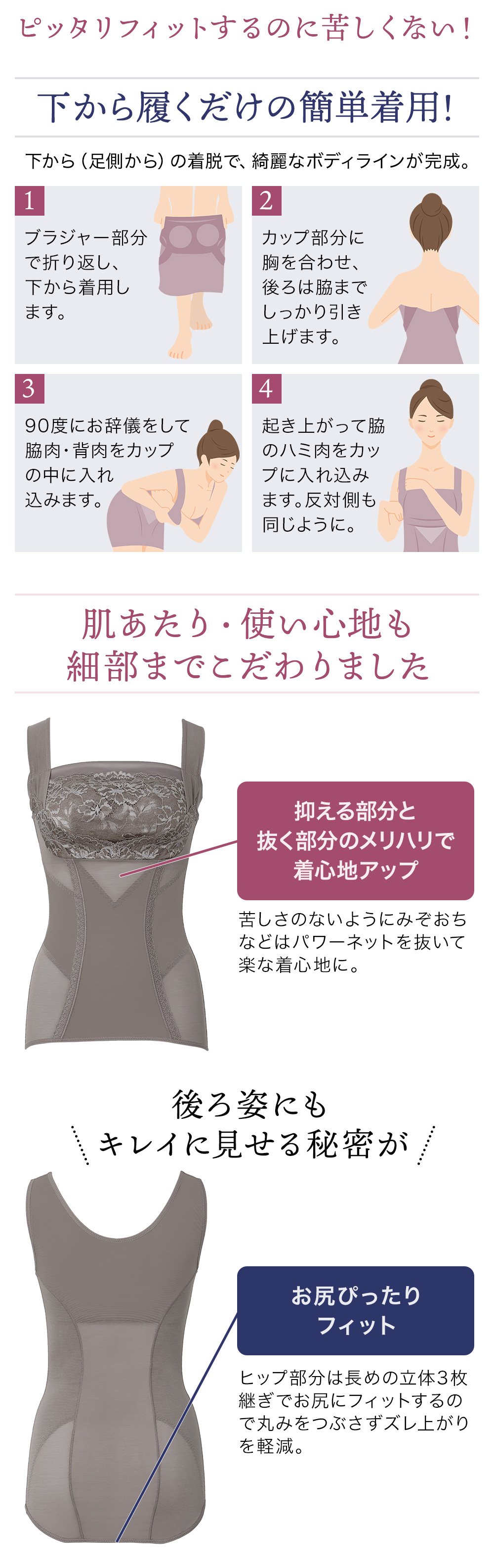 下から履くだけの簡単着用。肌あたり・使い心地も細部までこだわりました