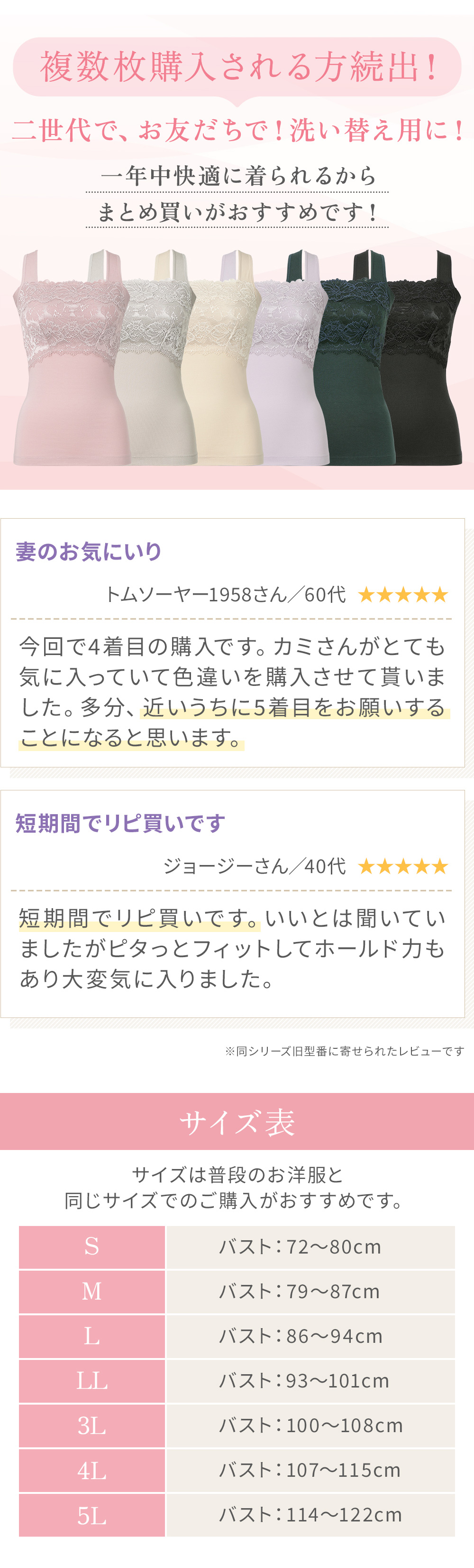 洗複数枚のご購入もおすすめ。お客様の声。サイズ表