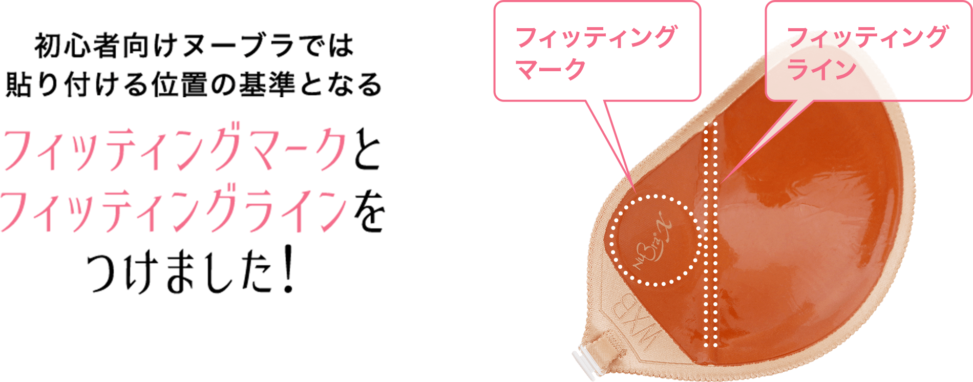 初心者向けのヌーブラでは貼り付ける位置の基準となるフィッテングマークとフィッティングラインをつけました!